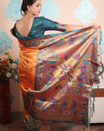 Orange Paithani Silk Saree with Meenakari Zari Woven Border and Pallu