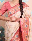 Cream Paithani Silk Saree with Meenakari Zari Woven Border and Pallu