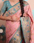Baby Pink Paithani Silk Saree with Meenakari Zari Woven Border and Pallu