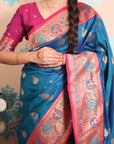 Rama Blue Paithani Silk Saree with Meenakari Zari Woven Border and Pallu
