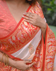 White Soft Silk with Red Contrast Baluchari Durga Pooja Zari Woven Saree