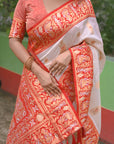White Soft Silk with Red Contrast Baluchari Durga Pooja Zari Woven Saree