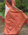 White Soft Silk with Red Contrast Baluchari Durga Pooja Zari Woven Saree