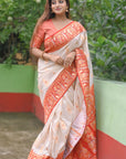 White Soft Silk with Red Contrast Baluchari Durga Pooja Zari Woven Saree