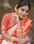 White Soft Silk with Red Contrast Zari Woven Floral Butti Durga Pooja Saree