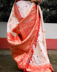 White Soft Silk with Red Contrast Zari Woven Floral Butti Durga Pooja Saree