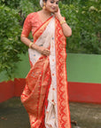 White Soft Silk with Red Contrast Zari Woven Floral Butti Durga Pooja Saree