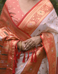 White Soft Silk with Red Contrast Zari Woven Floral Border Durga Pooja Saree