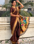 Coffee Nauvari Pathani Silk Zari Woven Muniya Border Saree