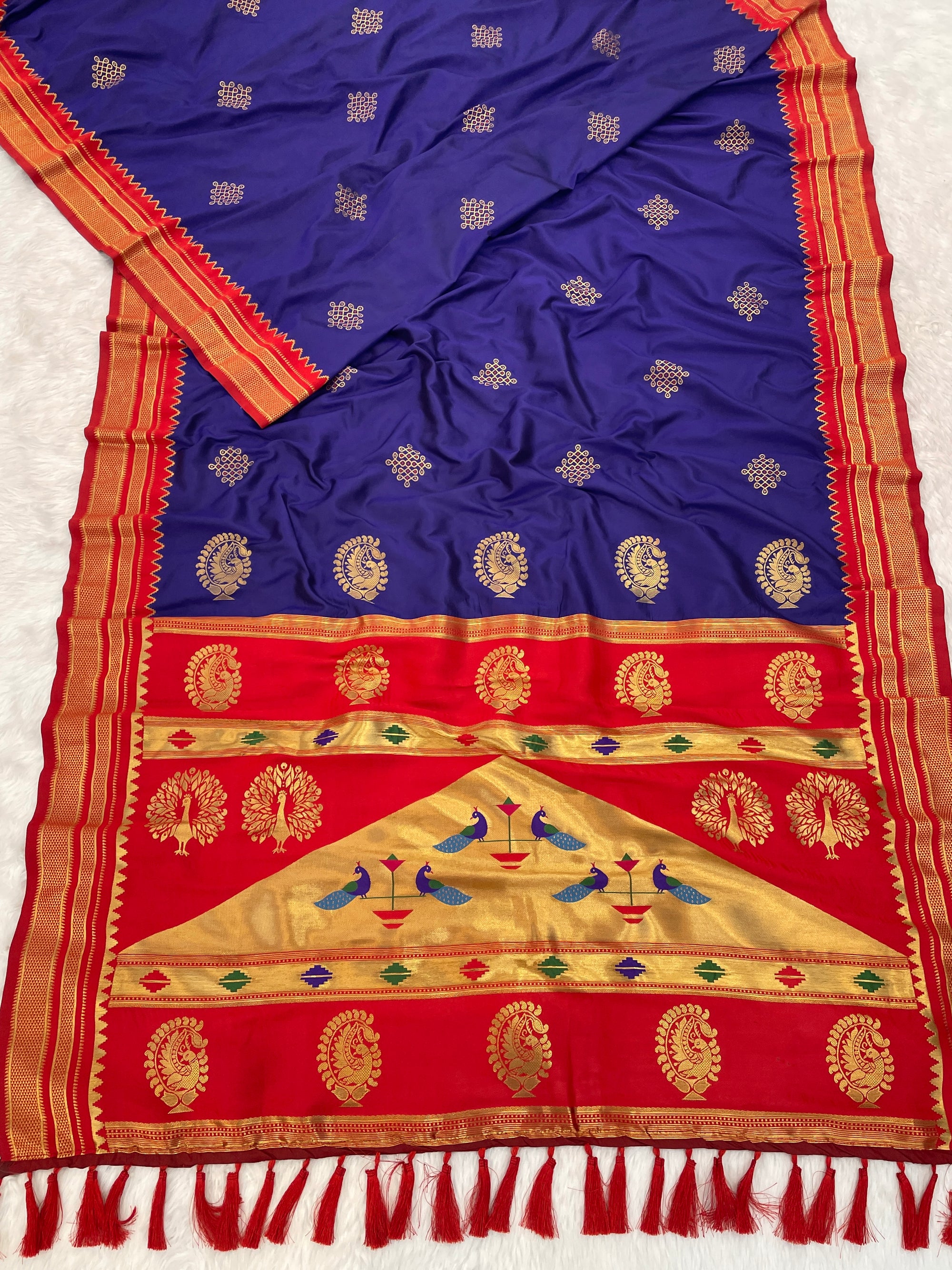 Violet Soft Silk Saree with Kolam Motifs and Traditional Paithani Pallu