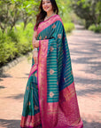 Peacock Blue Soft Silk Rich Zari Woven Contrast Saree