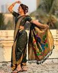 Bottle Green Nauvari Pathani Silk Zari Woven Muniya Border Saree