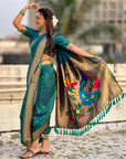 Peacock Blue Nauvari Pathani Silk Zari Woven Muniya Border Saree