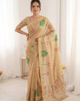 Chikoo Premium Soft Linen Cotton with Lotus & Leafs Pattern Saree
