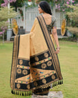 Chickoo Soft Ikkal Silk Zari Woven Kolam Pattern Saree with Paithani Pallu