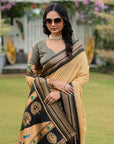 Chickoo Soft Ikkal Silk Zari Woven Kolam Pattern Saree with Paithani Pallu