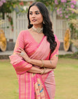 Light Pink Soft Ikkal Silk Zari Woven Kolam Pattern Saree with Paithani Pallu
