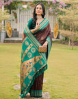 Coffee Soft Ikkal Silk Zari Woven Kolam Pattern Saree with Paithani Pallu