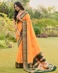 Mustard Yellow Soft Ikkal Silk Zari Woven Kolam Pattern Saree with Paithani Pallu