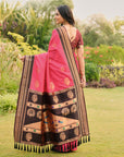 Rani Pink Soft Ikkal Silk Zari Woven Kolam Pattern Saree with Paithani Pallu