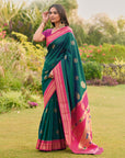 Peacock Blue Soft Ikkal Silk Zari Woven Kolam Pattern Saree with Paithani Pallu