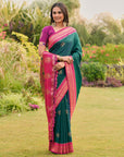 Peacock Blue Soft Ikkal Silk Zari Woven Kolam Pattern Saree with Paithani Pallu