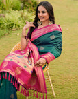 Peacock Blue Soft Ikkal Silk Zari Woven Kolam Pattern Saree with Paithani Pallu