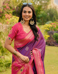 Purple (Red Tone) Soft Ikkal Silk Zari Woven Kolam Pattern Saree with Paithani Pallu