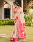 Cream Soft Ikkal Silk Zari Woven Kolam Pattern Saree with Paithani Pallu