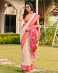 Cream Soft Ikkal Silk Zari Woven Kolam Pattern Saree with Paithani Pallu