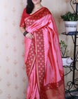 Baby Pink Soft Banarasi Silk Zari Work Saree with Flower Pattern Border