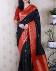Black Soft Banarasi Silk Zari Work Saree with Flower Pattern Border