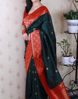 Bottle Green Soft Banarasi Silk Zari Work Saree with Flower Pattern Border