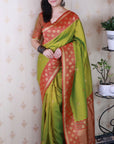 Mehendi Green Soft Banarasi Silk Zari Work Saree with Flower Pattern Border