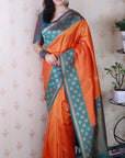 Orange Soft Banarasi Silk Zari Work Saree with Flower Pattern Border