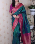 Peacock Blue Soft Banarasi Silk Zari Work Saree with Flower Pattern Border