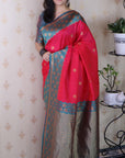 Rani Pink Soft Banarasi Silk Zari Work Saree with Flower Pattern Border
