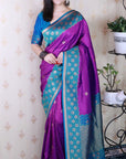 Purple Soft Banarasi Silk Zari Work Saree with Flower Pattern Border