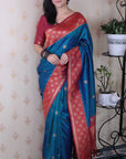 Rama Blue Soft Banarasi Silk Zari Work Saree with Flower Pattern Border