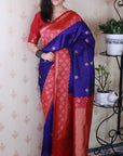 Violet Soft Banarasi Silk Zari Work Saree with Flower Pattern Border