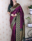 Wine Soft Banarasi Silk Zari Work Saree with Flower Pattern Border