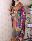 Wine Tussar Silk Traditional Printed Saree with Zari Border