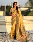 Light Yellow Soft Silk Meenakari Madhubani Saree