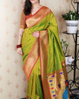 Mehendi Green Bandhani Weaves Silk Saree with Classic Border & Peacock Pallu