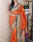 Orange Bandhani Weaves Silk Saree with Classic Border & Peacock Pallu