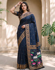 Black Soft Zari Woven Saree with Lotus Pichwai Concept Pallu