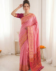 Baby Pink Premium Soft Silk Zari Woven with Ikkat Patola Fusion Saree