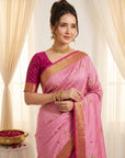 Baby Pink Traditional Soft Silk Saree with Floral & Peacock Pattern Saree