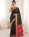 Black Traditional Soft Silk Saree with Floral & Peacock Pattern Saree