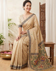 Chickoo Soft Muga Cotton with Kalamkari Style Bird Motif Narrative Pallu